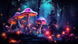 Mushrooms in the forest with bokeh effect. Fantasy magic landscape. Fairy tale.  3D rendering