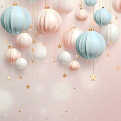 Sticker - Colorful baubles Lanterns with gold stars on the top, banner with space for your own content. Light color background.