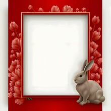 Chinese New Year Frame In The Middle, Space For Your Own Content. Red Colors And Decorations. Bunny In The Side.