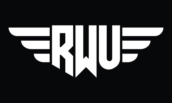 RWU three letter logo, creative wings shape logo design vector template. letter mark, wordmark, monogram symbol on black & white.	