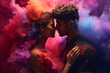 Romantic moment, two people kissing in a color powder explosion, depicting the emotion of love