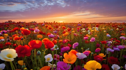 Wall Mural - Sunset over a field of poppies and daisies