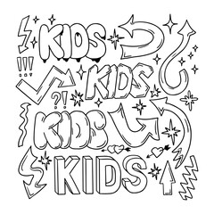 Poster - Outline doodle set with word Kids and arrows in retro 90s style. Collection of hand drawn words, arrows. Black contour sketchy signs and words in bubble, street style graffiti. Ideal for social media