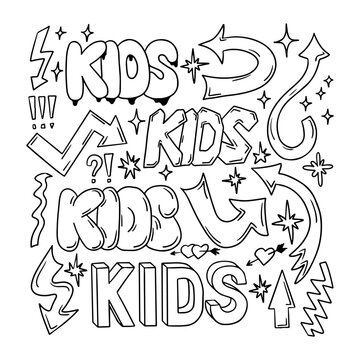 Outline doodle set with word Kids and arrows in retro 90s style. Collection of hand drawn words, arrows. Black contour sketchy signs and words in bubble, street style graffiti. Ideal for social media