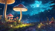 Magic Mushroom In The Forest. Fantasy Fungus In The Night Woods. Loop Animation Video.