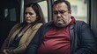 Unhappy overweight couple sitting in a modern intercity passenger train