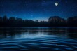 Schools of fish swimming in a river under the starry night sky, moonlight casting gentle ripples on the water, the scene exuding tranquility and serenity