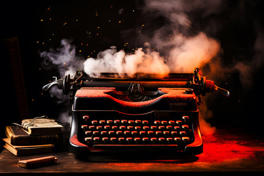 Machine à écrire avec fumée et lumière rouge