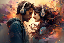 Connection Through Music: A Couple Playing Musical Instruments Or Sharing Headphones, Illustrating A Shared Love For Music And The Harmonious Connection Between Them. Love, Couple