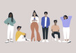 A group of young diverse characters gathered together, casual attire and candid poses