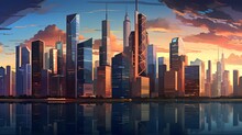 Panorama Of Modern City With Skyscrapers At Sunset, Illustration