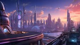 Fototapeta Londyn - Futuristic city panorama with skyscrapers and high-rise buildings