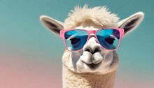 Creative Animal Concept Llama In Sunglass Shade Glasses On Solid Pastel Background Commercial Editorial Advertisement Surreal Surrealism