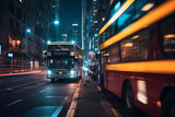 Fototapeta Fototapeta Londyn - Bus on the street at night in New York City, Toned image, motion blur