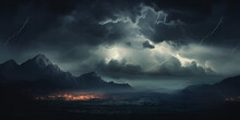 Dark Stormy Sky With Lightning And Clouds And Mountains With Cloudy Background
