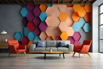 Wall Mural - A stylish living room with a 3D intricate colorful wall displaying a series of interconnected colorful hexagons.