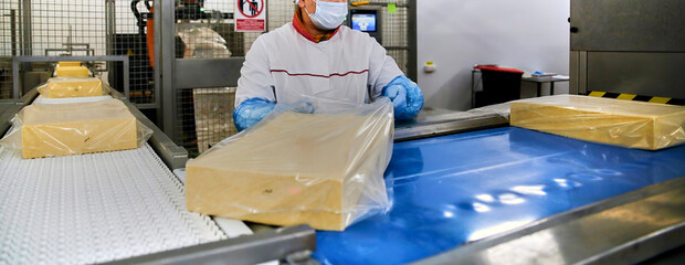 Wall Mural - Two workers start making blocks of cheese in a factory.