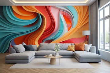 Wall Mural - A stylish living room with a 3D intricate colorful wall showcasing a series of colorful abstract swirls.