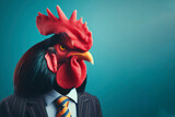 Fototapeta  - Portrait of a angry Rooster wear business suit isolated on color bright background. ai generative