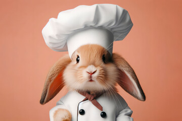 Wall Mural - Photo portrait of happy cute hare dressed as chef on solid color background. ai generative