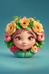 cute girl character designed with round flowers and fruits frame