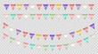 Set of 4 colorful buntings or party flags on string. Multicolored repeating hanging triangle carnival garlands on transparent background.  Realistic various pennants for festival, fair, birthday