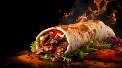 Wall Mural - grilled beef turkish or chicken arabic shawarma doner sandwich with ingredients and spices hot ready to serve and eat food commercial menu banner with copy space area - Generated by Generative AI