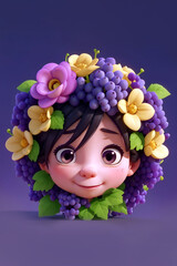 cute girl character designed with round flowers and fruits frame