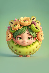 cute girl character designed with round flowers and fruits frame