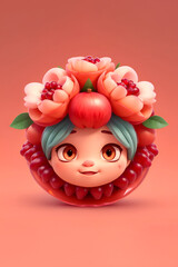 cute girl character designed with round flowers and fruits frame