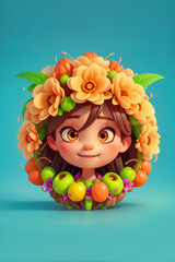 cute girl character designed with round flowers and fruits frame