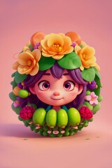 cute girl character designed with round flowers and fruits frame