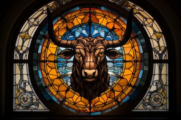 Wall Mural - Taurus zodiac sign, bull astrological design, astrology horoscope symbol of July August month background, animal head in stained glass style