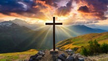 Jesus Christ Cross Easter Resurrection Concept Christian Cross On A Background With Dramatic Lighting Colorful Mountain Sunset Dark Clouds And Sky And Sunbeams Generative Ai