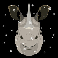 Wall Mural - Horned head of Indian rhinoceros under snowflakes. (Rhinoceros unicornis). Seasonal winter design. Funny animal mask. Cartoon style. On black background.