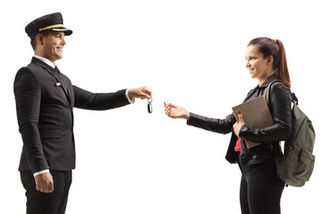 Canvas Print - Profile shot of a chauffeur giving car keys to a young female student