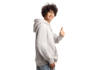 Sticker - Guy with curly hair in a gray hoodie gesturing thumbs up