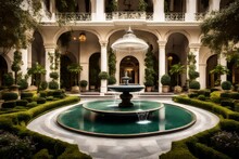A Boutique Hotel Entrance With A Grand Fountain And Meticulously Manicured Gardens, Capturing The Essence Of Opulence And Grandeur.