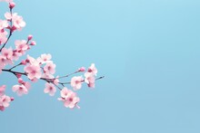  A Branch Of A Cherry Tree With Pink Flowers In The Foreground, And A Blue Sky In The Background, With Only A Few Clouds In The Foreground.