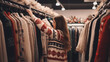 in a clothing store, woman is choosing a sweater for winter with long sleeves.generative ai