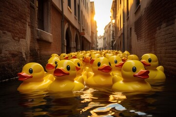 A flock of yellow rubber ducks floating in a canal with warm sunlight, old city