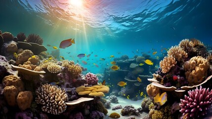 Wall Mural - Coral reef and tropical fish. Underwater panoramic view.