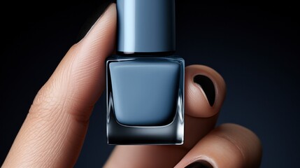 Poster - A woman's hand holding a blue nail polish bottle with black nails, AI