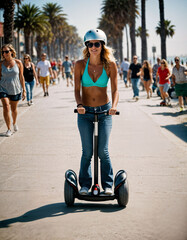 Sticker - photo of beautiful woman with sunglasses and helmet riding segway scooter at sand beach city street, generative AI