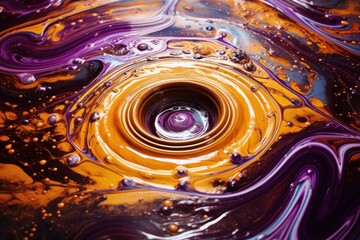 Poster -  a close up of a purple and yellow liquid with drops of water coming out of the top of the liquid and the bottom of the liquid in the bottom of the image.