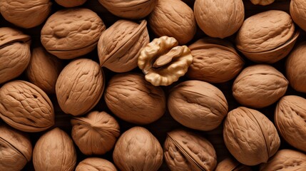 An image featuring a close-up view of a cluster of walnuts in their shells, showcasing the natural textures and rich brown hues.