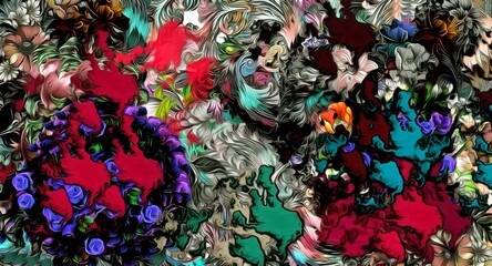 Poster - Abstract psychedelic fractal background of stylized watercolor illustration, colored chaotically blurred spots and paint strokes of different sizes and shapes