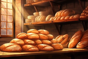 Wall Mural -  a bunch of bread sitting on top of a table next to a shelf filled with loaves of bread and loaves of loaves on top of loaves.