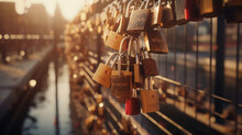 A Love Lock Bridge With Padlocks Inscribed With Couples Names.