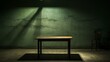 An interrogation room with a solitary table under a single overhead light, casting shadows on the walls, evoking a sense of tension and anticipation